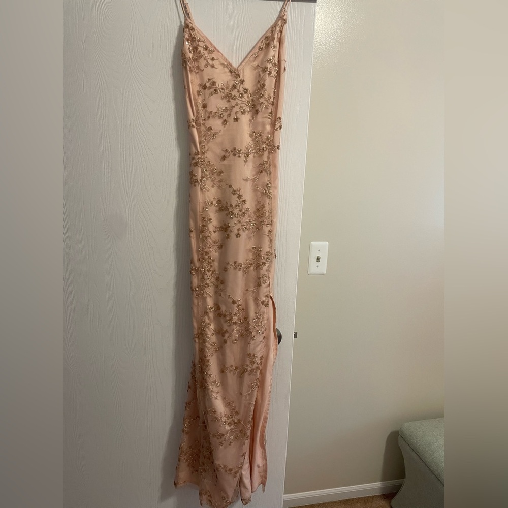 Lulu's Peach Maxi Dress with Gold Floral Details